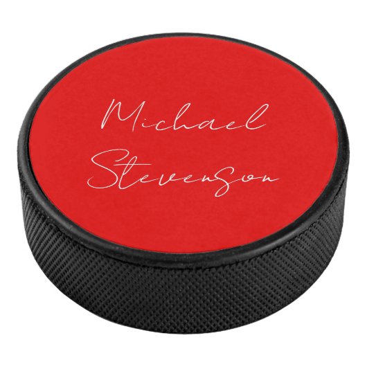 Red White Handschriftlich Minimalistisch Ihren Nam Eishockey Puck (3/4)