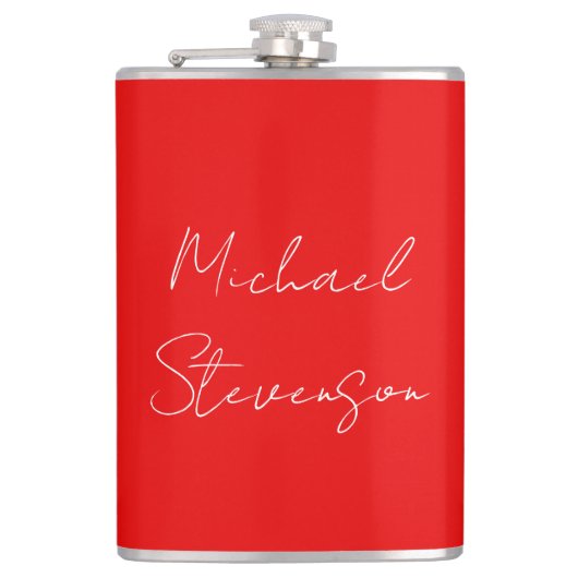 Red White Handschriftlich Minimalistisch Ihren Nam Flachmann (Vorderseite)