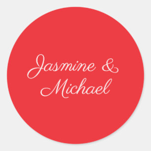 Red & White Handwriting Couple Names Wedding Runder Aufkleber