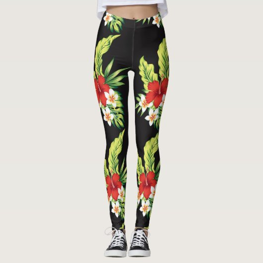 Red & White Hawaiian Hibiskus Pattern Leggings (Vorderseite)