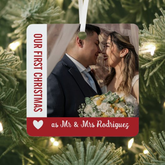 Red White Heart 1. Weihnachten Mr. & Mrs. Foto Ornament Aus Metall (InSitu)