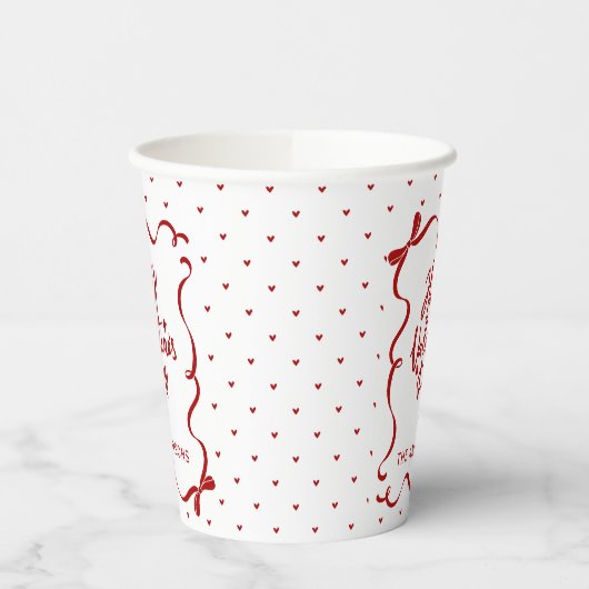 Red White Hearts Hand Drawn Bow Valentine's Day Pappbecher (Links)
