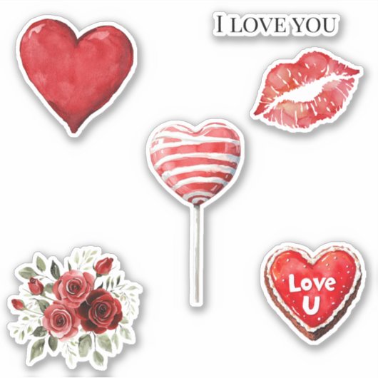 Red White Hearts Love Lips Roses Valentine's day Aufkleber (Vorderseite)