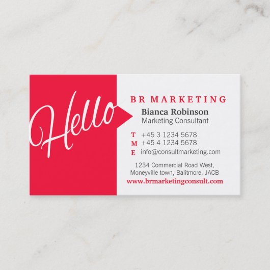 Red & white Hello-Anführungskarte Visitenkarte (Vorderseite)