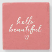Red White Hello Beautiful Inspirational Heart Steinuntersetzer (Vorderseite)