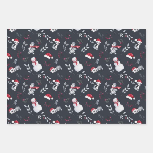 Red & White Holiday Pinguine & Snowmen Geschenkpapier Set (Vorderseite)