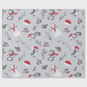 Red & White Holiday Pinguine & Snowmen Silver Geschenkpapier (Flach)