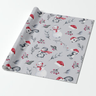 Red & White Holiday Pinguine & Snowmen Silver Geschenkpapier