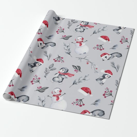 Red & White Holiday Pinguine & Snowmen Silver Geschenkpapier (Ungerollt)