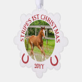 Red White Horseshoes Foal's 1. Weihnachten Ornament Karte (Linke Ecke)