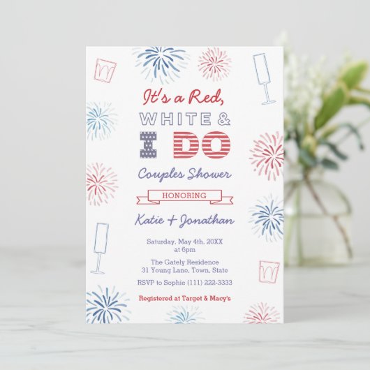 Red White & I Do Paares Polterabend Party Einladung (Stehend Vorderseite)