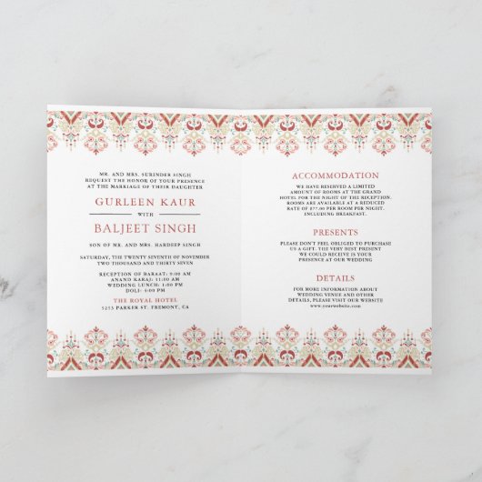 Red White Ikat All in One Anand Karaj Sikh Wedding Einladung (Innenseite)