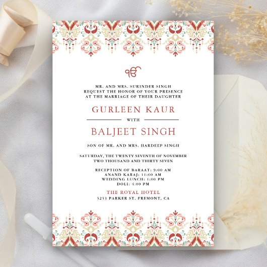 Red White Ikat Anand Karaj Sikh Wedding Einladung