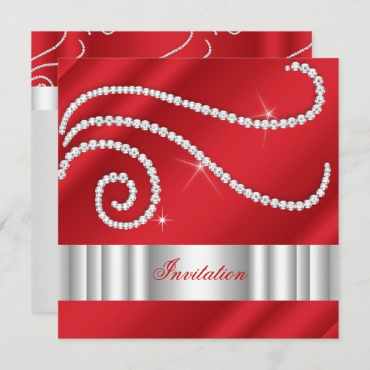 Red White Jewel Diamonds Silver Birthday Einladung (Vorne/Hinten)