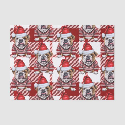 Red White Kariert Bulldog Weihnachtsfeiertag Seidenpapier (Vorderseite)