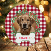 Red & White Kariert Dog Foto Weihnachtskranz Keramik Ornament