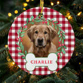 Red & White Kariert Dog Foto Weihnachtskranz Keramik Ornament
