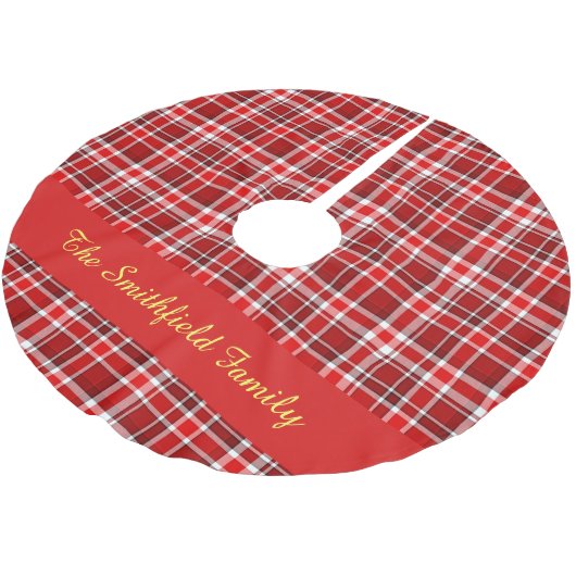 Red White Kariert Family Name Custom Christmas Polyester Weihnachtsbaumdecke (Schrägansicht)