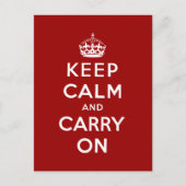 Red White Keep Calm und Carry On Postkarte (Vorderseite)