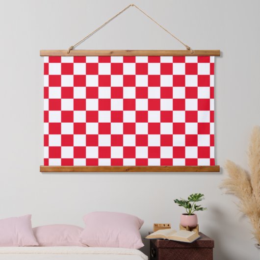 Red White Kroon Checkerboard Muster Wandteppich Mit Holzrahmen (Schlafzimmer)