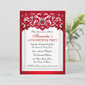 Red White Lace Damask Pearl Birthday Party Einladung (Stehend Vorderseite)