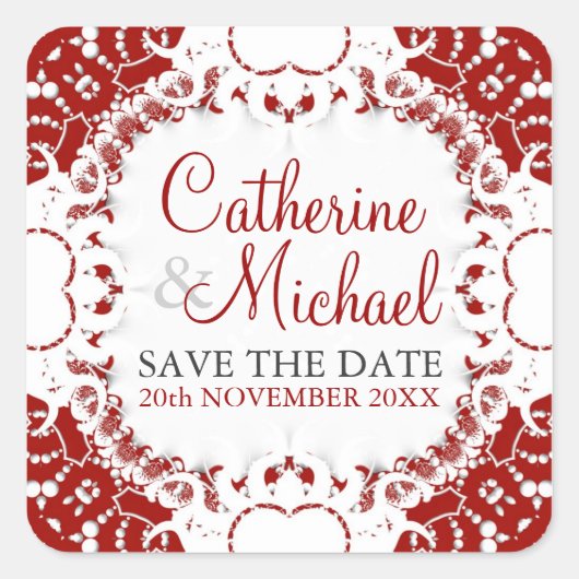 Red+White Lace Hochzeitsticker Quadratischer Aufkleber (Vorderseite)