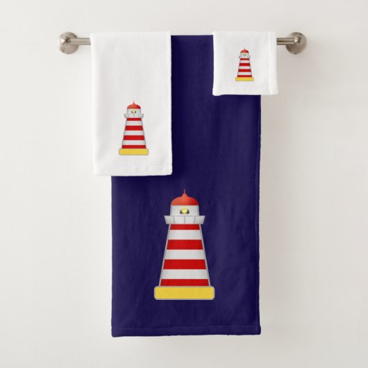 Red & White Lighthouse auf Navy Blue & White Badhandtuch Set (Insitu)