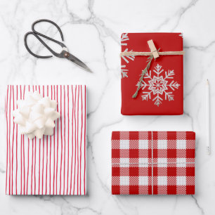 Red White Lines Silver Snowflake Red White Kariert Geschenkpapier Set