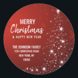 RED White MERRY CHRISTMAS Tree Rücksendeadresse Runder Aufkleber<br><div class="desc">Fügen Sie diese modernen und personalisierten RED White Weihnachtsfeiertage und fröhlichen neuen Jahr RÜCKSENDEADRESSE Aufkleber zu Ihren Grußkarten,  Umschläge . Weihnachtsbaum in rot-weißem,  funkelndem Licht. Bearbeitbarer Text - Farbe,  Schriftart und Größe.</div>