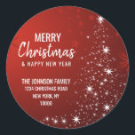 RED White MERRY CHRISTMAS Tree Rücksendeadresse Runder Aufkleber<br><div class="desc">Fügen Sie diese modernen und personalisierten RED White Weihnachtsfeiertage und fröhlichen neuen Jahr RÜCKSENDEADRESSE Aufkleber zu Ihren Grußkarten,  Umschläge . Weihnachtsbaum in rot-weißem,  funkelndem Licht. Bearbeitbarer Text - Farbe,  Schriftart und Größe.</div>