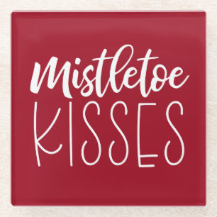 Red White Mistletoe Kisses typography Glasuntersetzer