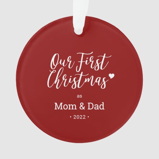 Red & White Mom Dad First Christmas Foto Ornament (Vorderseite)