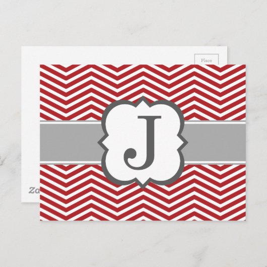 Red White Monogram Letter J Zickzack Postkarte (Vorne/Hinten)