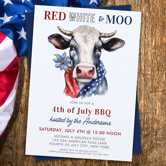 Red White Moo Patriotic Kuh Farm 4. Juli Einladung