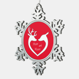 Red & White Mr & Mrs. Deer Couple Schneeflocken Zinn-Ornament