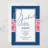 Red White Navy Damask Abschluss Einladung (Vorderseite)