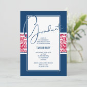 Red White Navy Damask Abschluss Einladung (Stehend Vorderseite)