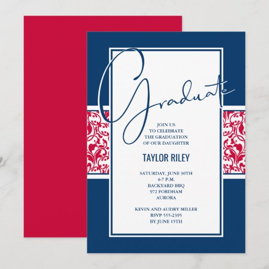 Red White Navy Damask Abschluss Einladung (Vorne/Hinten)