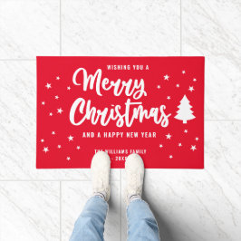 Red White Non Foto Familienname Frohe Weihnachten Fußmatte