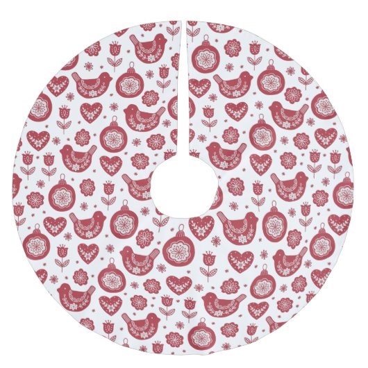 Red White Nordic Bird Bull Weihnachten Polyester Weihnachtsbaumdecke (Vorderseite)