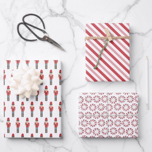 Red White Nutcracker und Candy Cane Weihnachten Geschenkpapier Set (Vorderseite)
