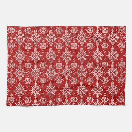 Red White Ornamental Snowflake Pattern Geschirrtuch (Horizontal)