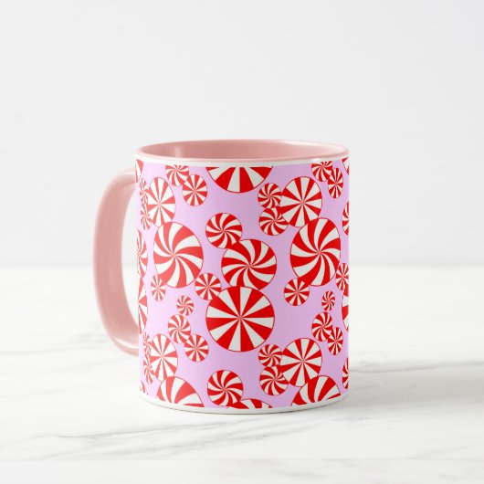 Red White Peppermint auf Light Pink Candy Pattern Tasse (Vorderseite Links)