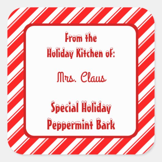 Red White Peppermint Strip Custom Holiday Backen Quadratischer Aufkleber (Vorderseite)