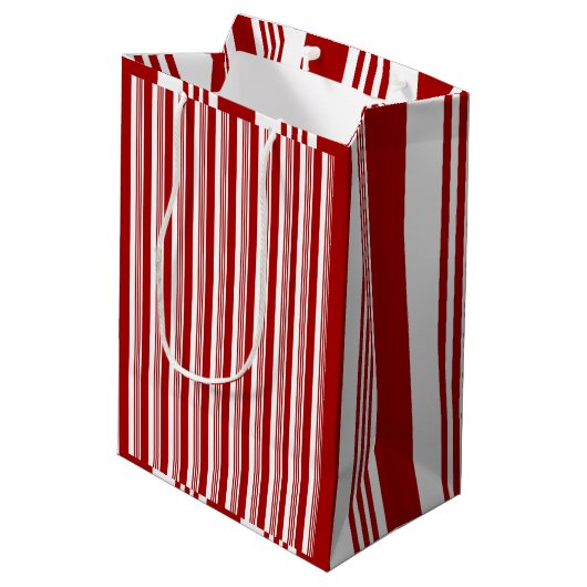 Red White Peppermint Stripes Design Geschenktasche Mittlere Geschenktüte (Rückseite Schrägansicht)