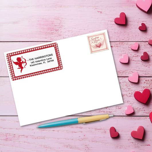 Red & White Plaid Gingham Valentine Cupid & Bow Adressaufkleber