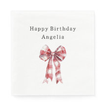 Red White Plaid Stripes Bow Birthday
