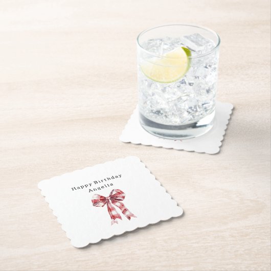 Red White Plaid Stripes Bow Birthday Untersetzer (Vor Ort)