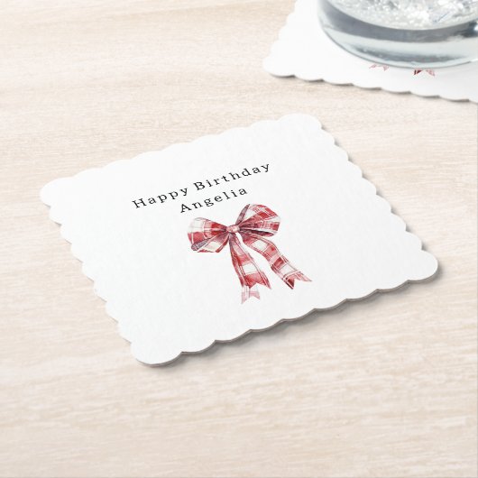 Red White Plaid Stripes Bow Birthday Untersetzer (angewinkelt)