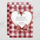 Red White Plaid Stripes Heart Birthday Einladung (Vorne/Hinten)